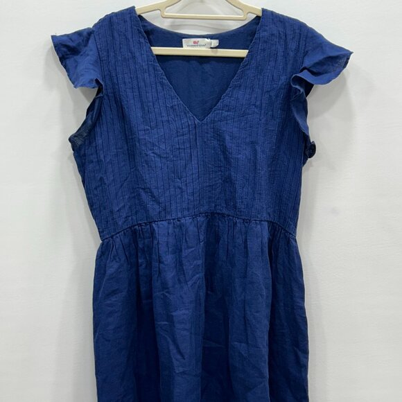 Vineyard Vines Pintuck Deep Bay Blue Linen Ruffle Sleeve V-Neck Mini Dress Large - Picture 3 of 11